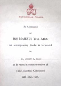 Aubrey's coronation medal certificate, 1937